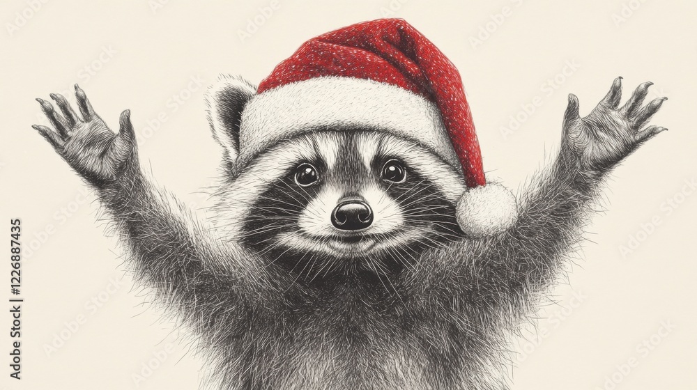 Playful Raccoon in Festive Christmas Hat with Cheerful Expression Playful Raccoon in Festive Christmas Hat with Cheerful Expression