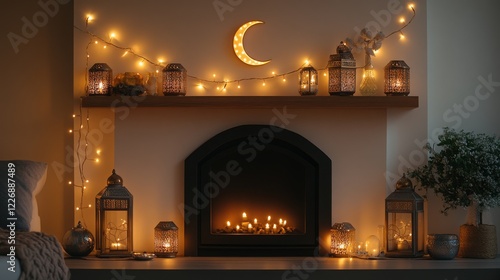 A modern fireplace mantle decorated with ornate Ramadan lanterns, subtle string lights, and a crescent moon garland, blending traditional charm with a sleek, contemporary design. photo