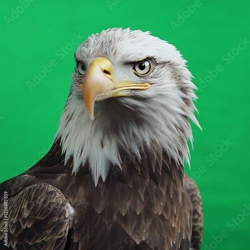 Bald eagle portrait, green screen studio, intense gaze, wildlife photography, graphic design photo