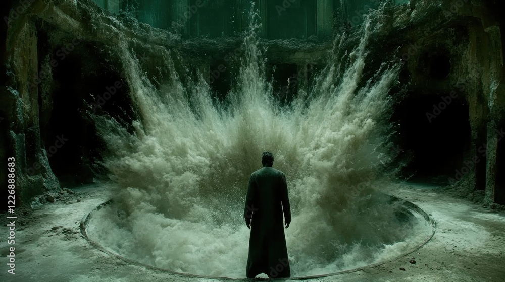 Obraz premium Dramatic Water Splash in Dark Abandoned Industrial Space