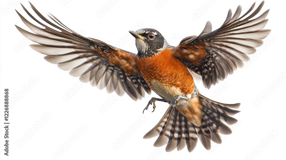 Obraz premium Colorful Bird in Flight with Open Wings Against White Background