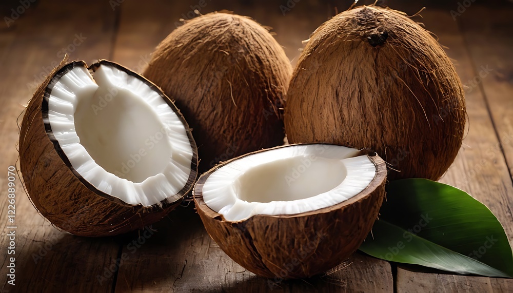 Fresh Coconut Half with Water and Flesh Isolated on Transparent or White Background. 5 Fresh Coconut Half with Water and Flesh Isolated on Transparent or White Background. 5