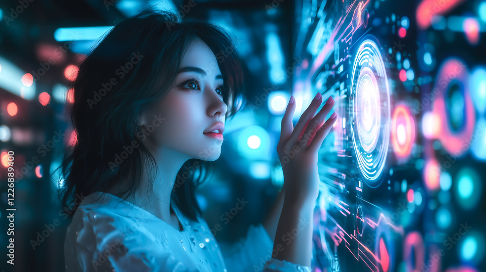 A modern lady interacts with futuristic technology, engaging with holographic displays. The concept of innovation, artificial intelligence, and the evolution of human-technology interaction. A modern lady interacts with futuristic technology, engaging with holographic displays. The concept of innovation, artificial intelligence, and the evolution of human-technology interaction.
