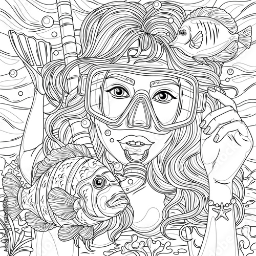Girl snorkeling among tropical fish.Coloring book antistress for children and adults. 