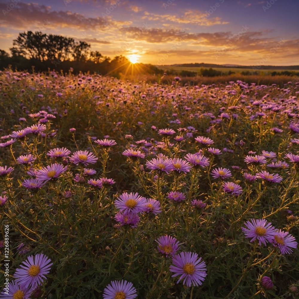 A field of purple asters bathed in the golden glow of sunset.