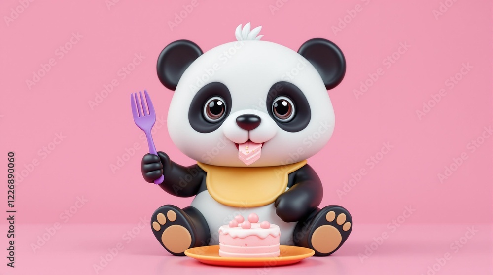 Naklejka premium Adorable Cartoon Panda with Cake and Fork on Pink Background