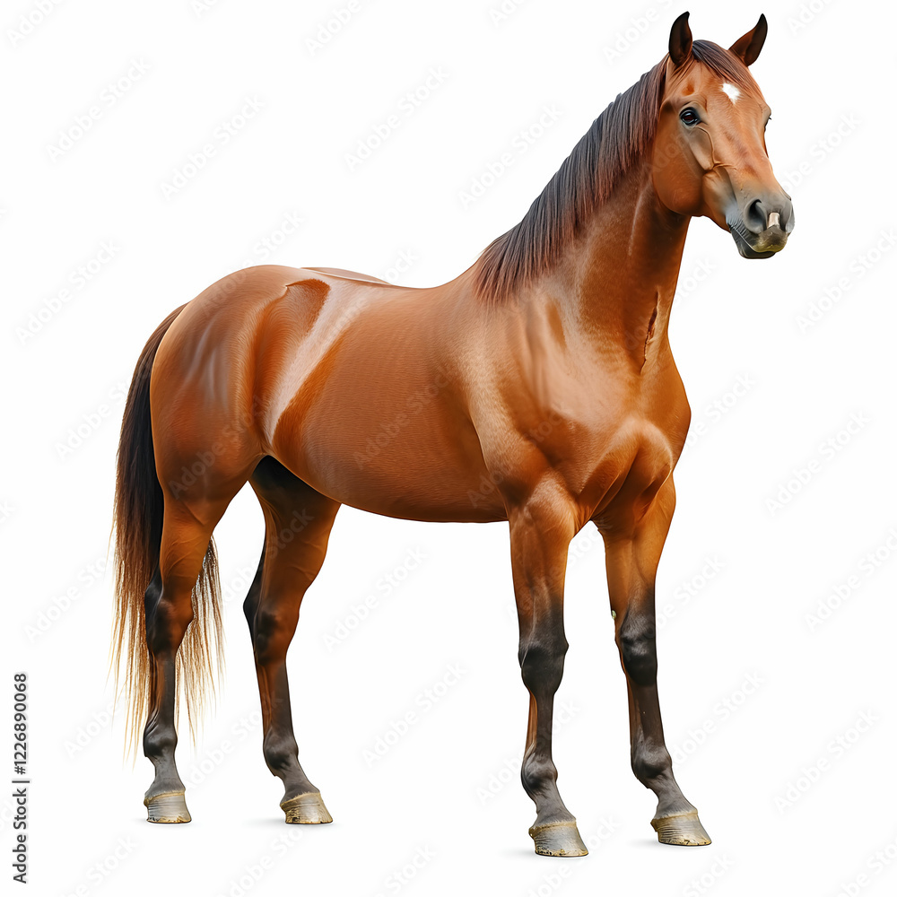 Fototapeta premium A majestic brown horse standing tall with a shiny coat, set against a clean white background