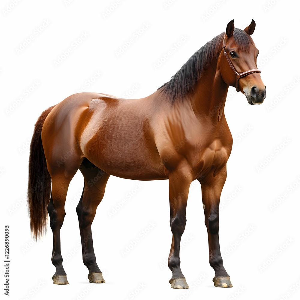Obraz premium A majestic brown horse standing tall with a shiny coat, set against a clean white background