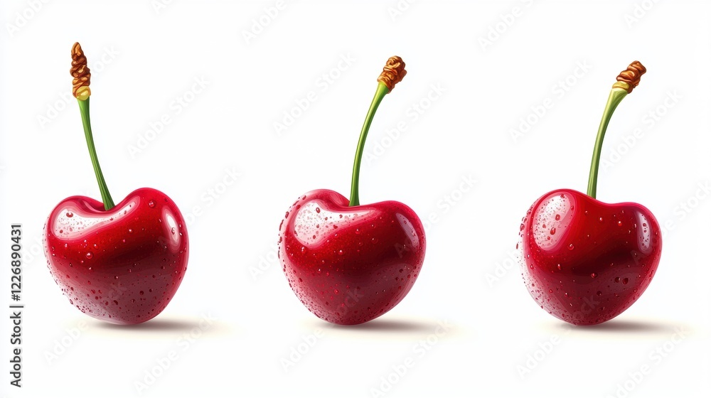 Fresh Red Cherries with Water Drops on a Clean White Background Fresh Red Cherries with Water Drops on a Clean White Background