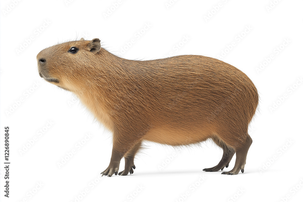 Capybara standing on two legs, looking to the side, against a white background. Photorealistic. Capybara standing on two legs, looking to the side, against a white background. Photorealistic.