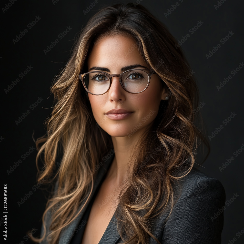 A portrait of the most beautiful woman in her late thirties, with long, wavy hair, wearing glasses and business attire. A portrait of the most beautiful woman in her late thirties, with long, wavy hair, wearing glasses and business attire.