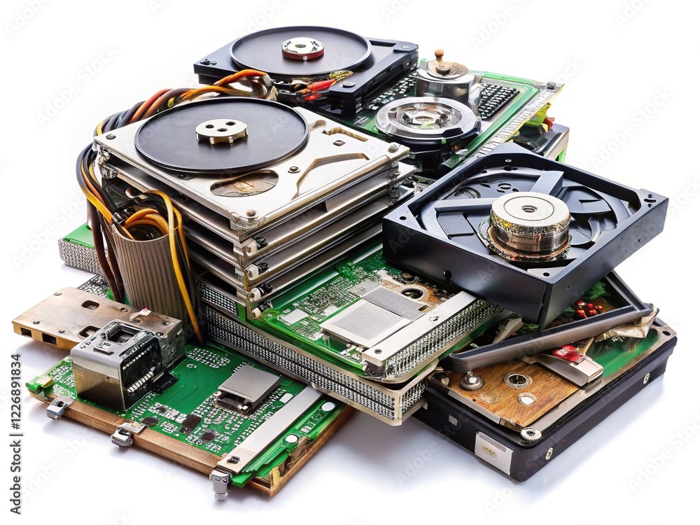 Heap of Used Computer Parts Isolated on White Background - Stock Photo Heap of Used Computer Parts Isolated on White Background - Stock Photo