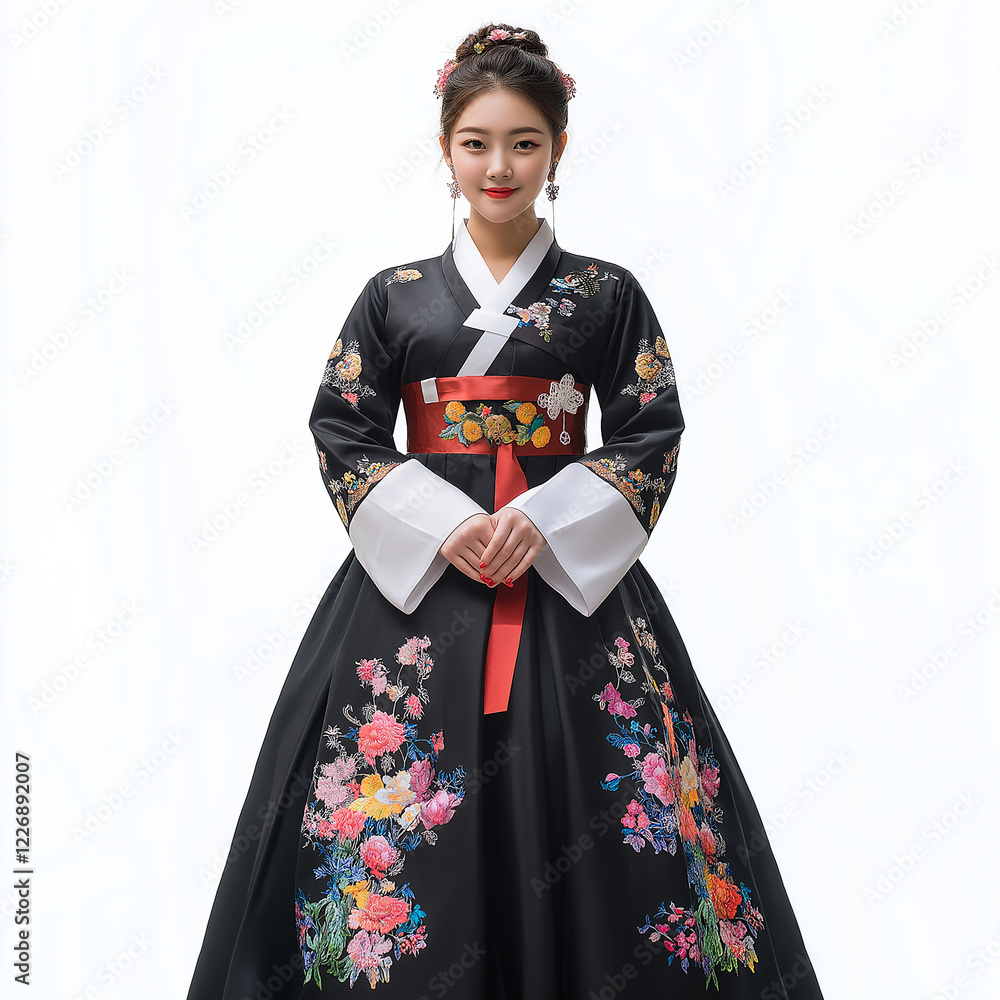 A beautiful woman wearing an elegant black hanbok with colorful floral patterns, white sleeves, and a red belt, in a traditional Korean hairstyle. A beautiful woman wearing an elegant black hanbok with colorful floral patterns, white sleeves, and a red belt, in a traditional Korean hairstyle.