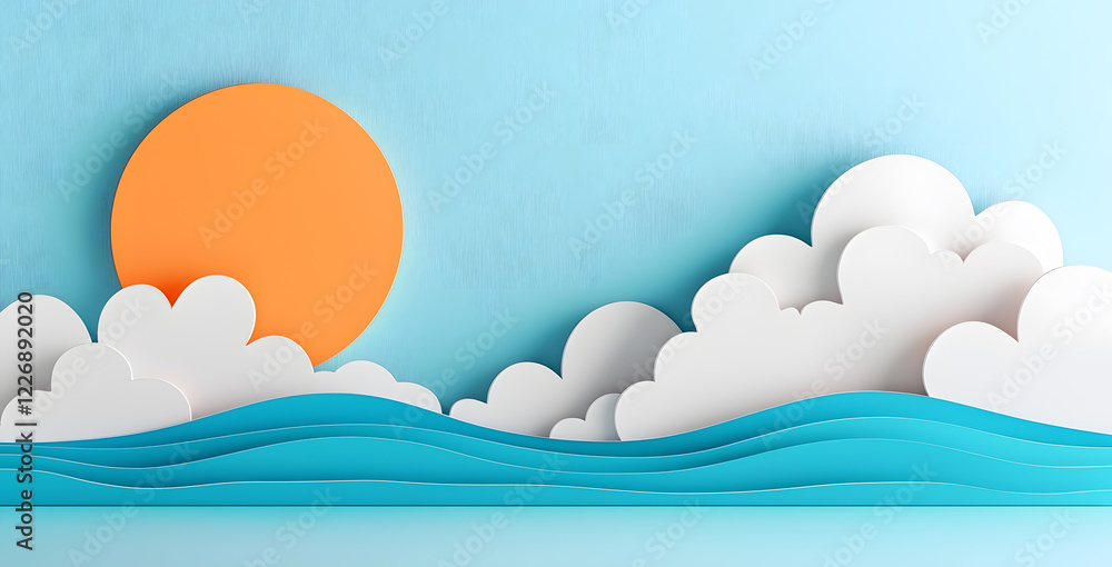 Landscape with mountains and sea waves in paper cut style Landscape with mountains and sea waves in paper cut style