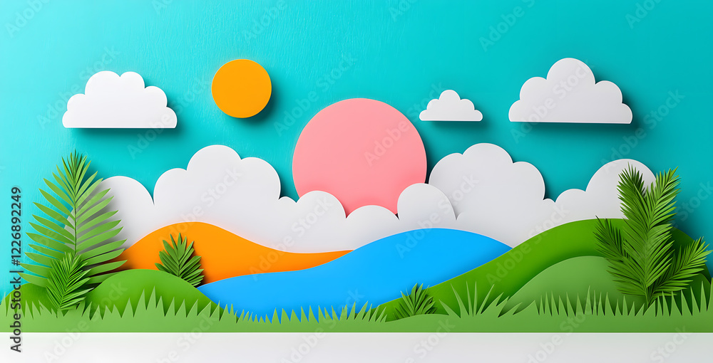 Landscape with mountains and sea waves in paper cut style Landscape with mountains and sea waves in paper cut style