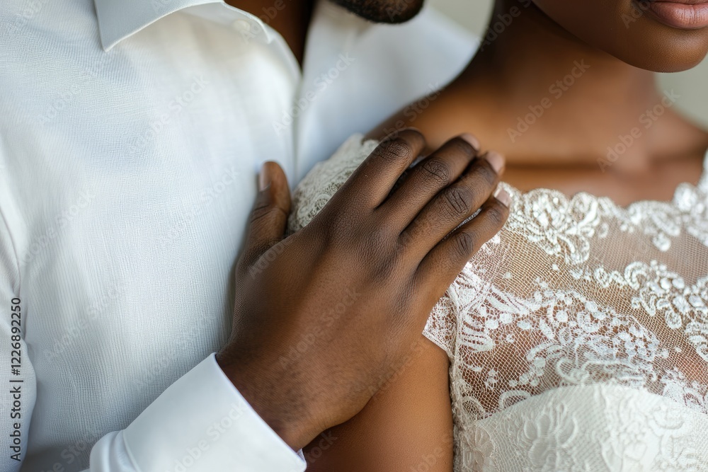 Gentle touch on a brides shoulder a tender moment Gentle touch on a brides shoulder a tender moment