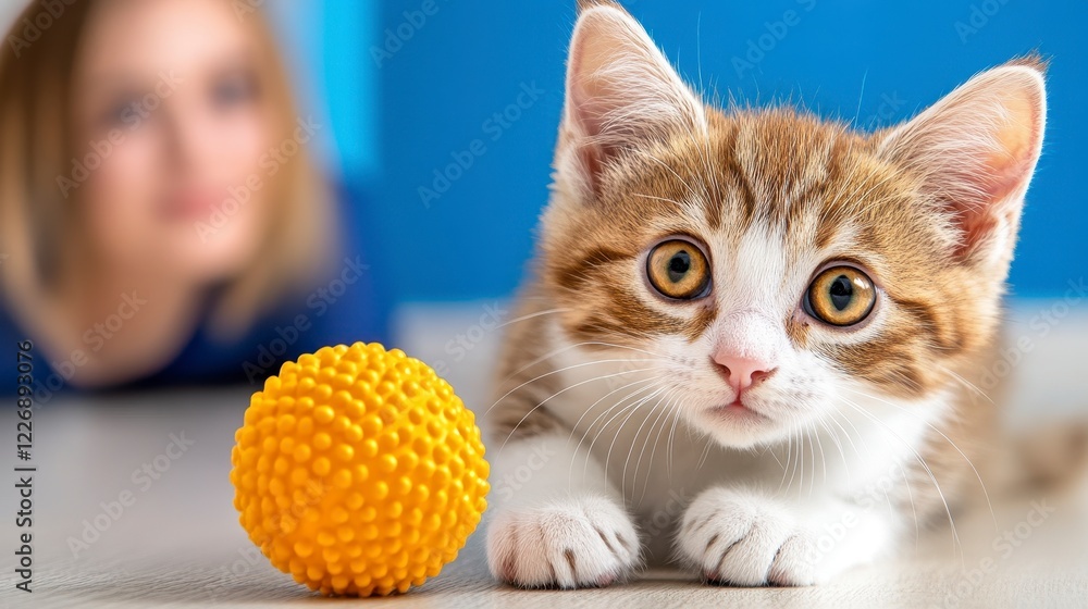 Cute kitten playing with bright orange ball indoors in vibrant setting Cute kitten playing with bright orange ball indoors in vibrant setting