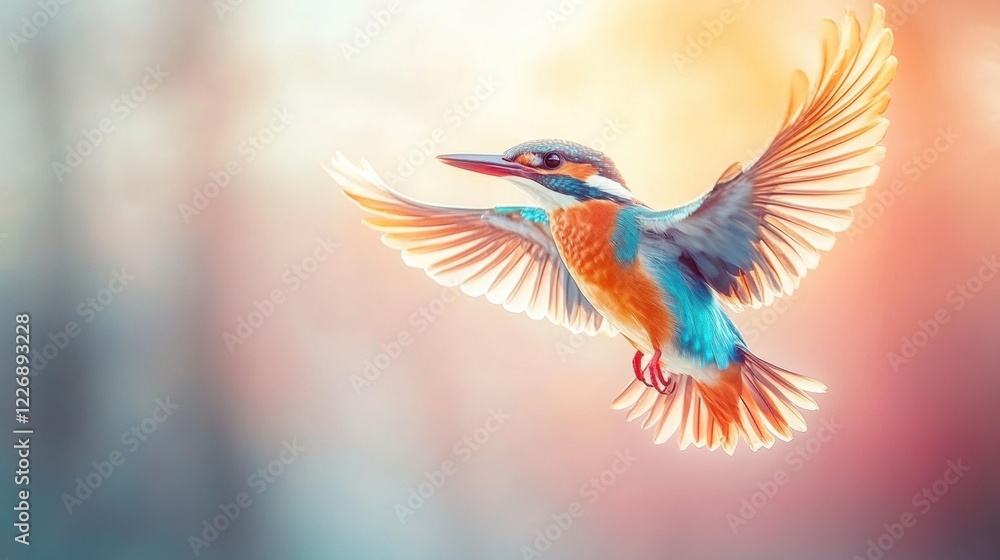 Colorful Kingfisher in Flight Against a Soft Pastel Background Colorful Kingfisher in Flight Against a Soft Pastel Background