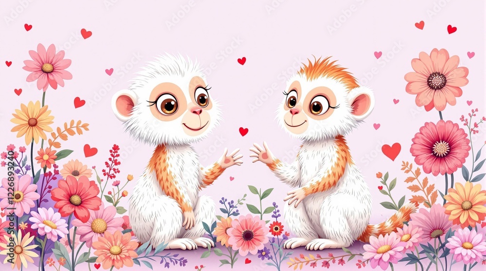 Obraz premium Adorable White Monkeys in a Floral Setting with Hearts - Cute Animal Illustration