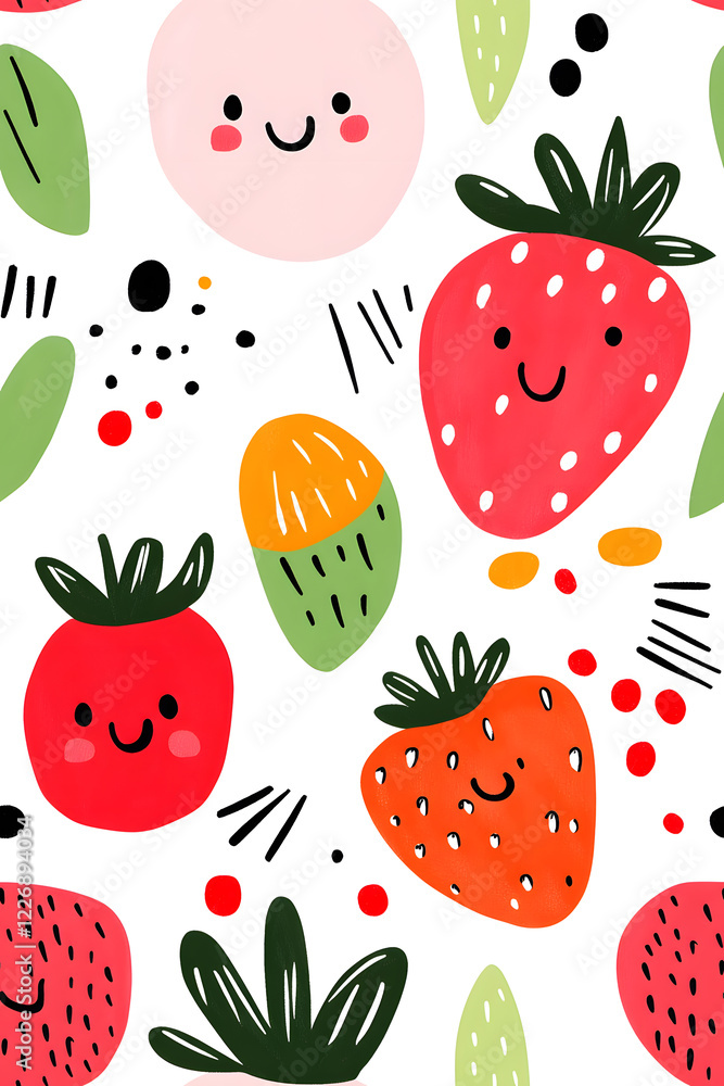 Hand-drawn seamless pattern with cute strawberry Hand-drawn seamless pattern with cute strawberry