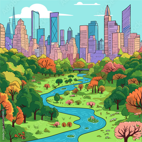 Central Park. Central Park hand-drawn comic illustration. Vector doodle style cartoon illustration