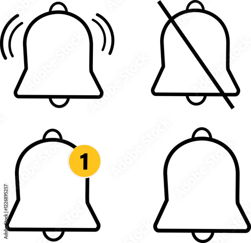 Notification bell icon. Alarm symbol. Notice message. Golden bell shakes to alert you to an upcoming schedule See les
