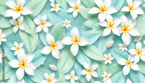 White Plumeria Flowers and Green Leaves Pattern