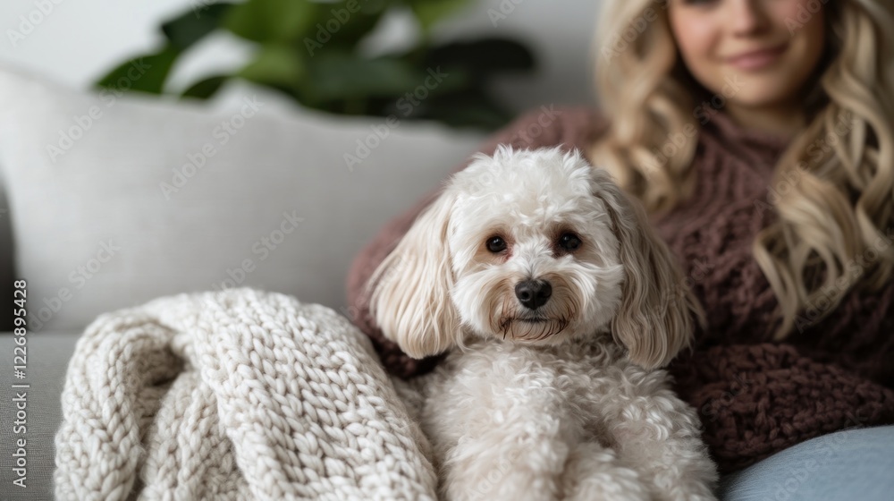 Adorable Fluffy Dog Relaxing on Cozy Sofa with Owner Adorable Fluffy Dog Relaxing on Cozy Sofa with Owner