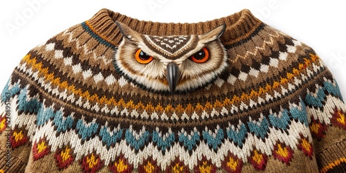 Icelandic Lopapeysa Sweater, Brown Wool Pullover with Eagle Owl Yoke, Close-up Product Shot photo