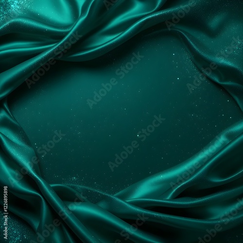 Fondo verde satinado de seda brillante. Mezcla de color verde azulado oscuro y esmeralda. Efecto brillo. Diseños abstractos de ondas y líneas. Sutil juego de sombras y luces. Cortinas elegantes. Espac
