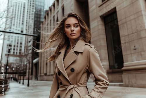 Confident woman in beige trench coat walking in an urban setting, showcasing timeless style and elegance, perfect for seasonal fashion inspiration and modern streetwear trends.