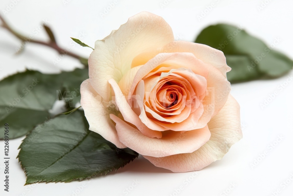 Peach rose, stem, leaves, white background, studio shot, floral design Peach rose, stem, leaves, white background, studio shot, floral design