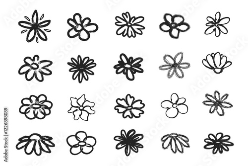 Grunge hand draw brush flowers. Scribble ink grunge chamomile flowers icons drawn with markers and crayons 
