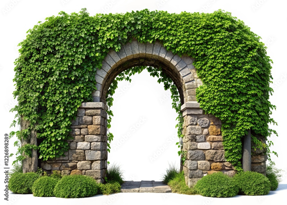 Obraz premium Ivy-Covered Stone Arch Entrance Gate - Isolated Garden Landscaping Archway