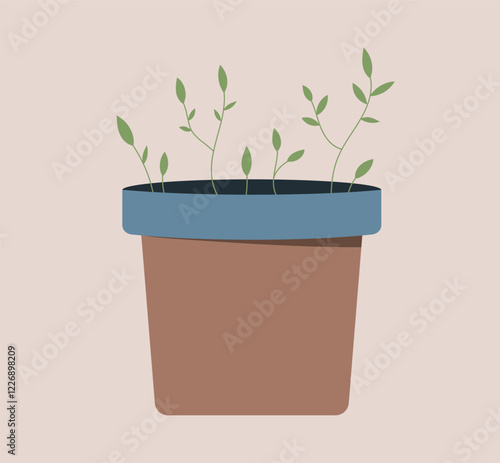 Green sprouts in a flower pot. Spring seedlings. Element for design, decor, card, banner, sticker, scrapbooking. 