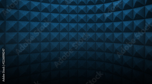 Acoustic foam with blue lights. Soundproof room wall curved background. Recording studio wall texture.