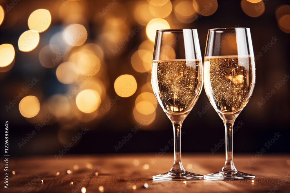Champagne flutes with golden bubbles and festive bokeh Champagne flutes with golden bubbles and festive bokeh