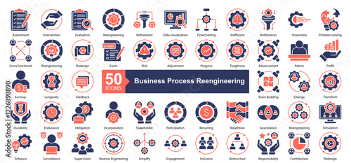 Business Process Reengineering Icon Collection Set.Containing Assessment, Intervention, Evaluation, Reengineering, Refinement, icon. Simple dual tone style Vector Illustration.	