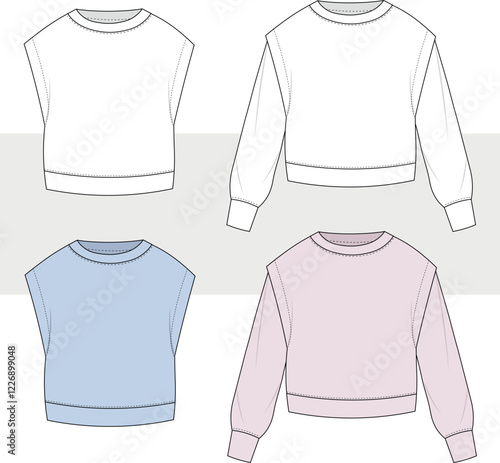 Vector round neck long sleeved top fashion draw illustration, woman girl 2 pieces set t shirt technical drawing, long sleeved sweatshirt flat, template, sketch. blouse with front view, cad, mockup.