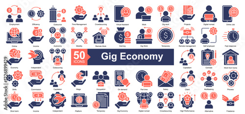 Gig Economy Icon Collection Set.Containing Employment, Efficiency, Outsource, Time management, Crowdsourcing, Virtual Assistant, Work, Gig work icon. Simple dual tone style Vector Illustration.
