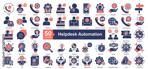 Helpdesk Automation Icon Collection Set.Containing Help, Technical Support, Helpdesk, Technician, Information Point, Phone Call, Support icon. Simple dual tone style Vector Illustration.