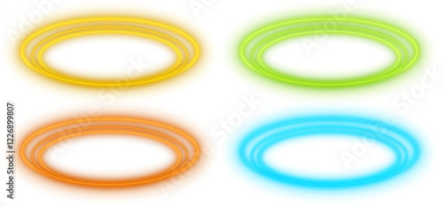 Shiny neon ellipse oval halo ring in vibrant yellow, orange, green, and blue light isolated on transparent background, creating a futuristic and energetic visual