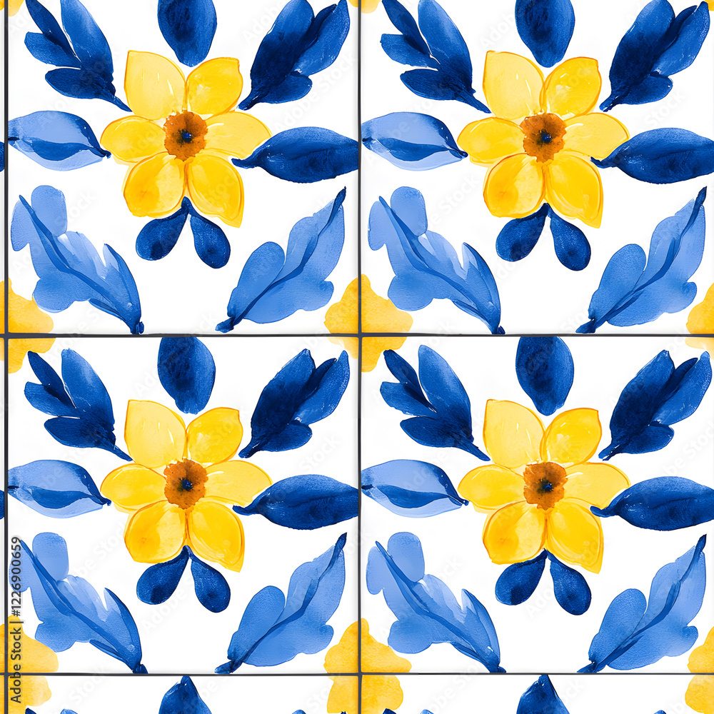 Fototapeta premium Blue and yellow tile hand drawn watercolor seamless pattern. Pattern of azulejos tiles