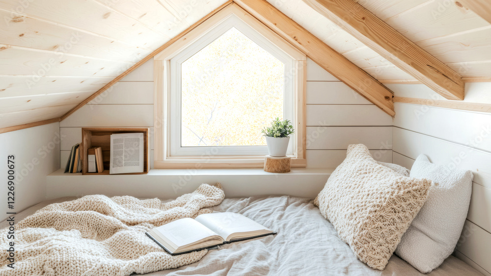 Bright attic room featuring a cozy bed and open book Bright attic room featuring a cozy bed and open book