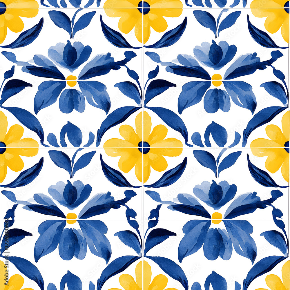 Obraz premium Blue and yellow tile hand drawn watercolor seamless pattern. Pattern of azulejos tiles