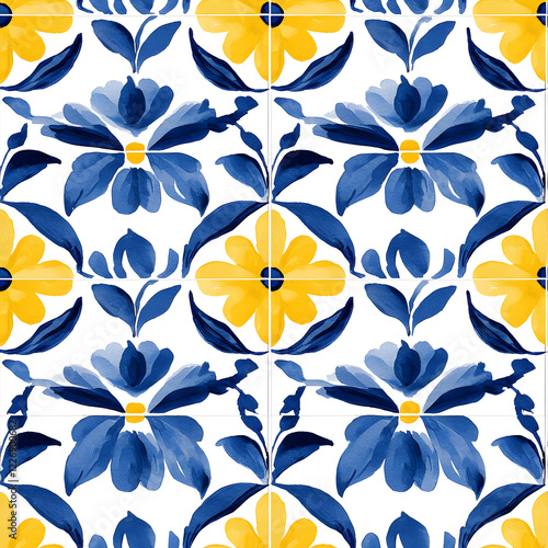 Wallpaper Mural Blue and yellow tile hand drawn watercolor seamless pattern. Pattern of azulejos tiles Torontodigital.ca