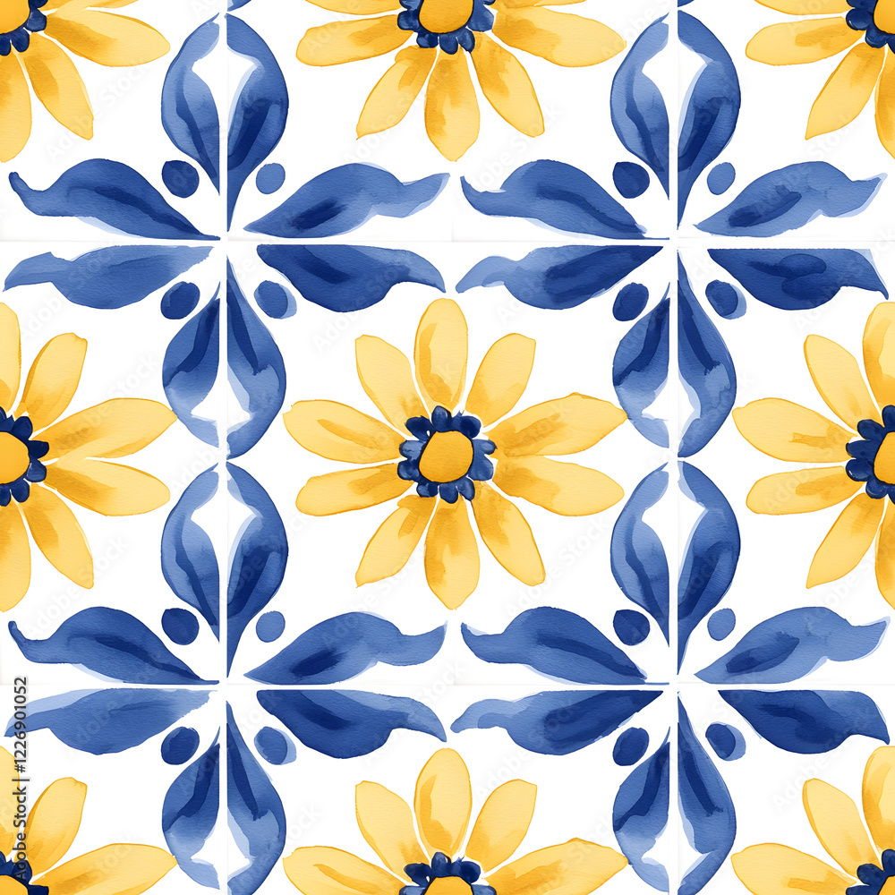Fototapeta premium Blue and yellow tile hand drawn watercolor seamless pattern. Pattern of azulejos tiles