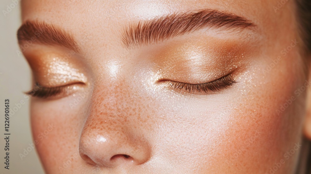 Fototapeta premium clean metallic gold eyeliner and shimmering champagne lips against flawless matte base