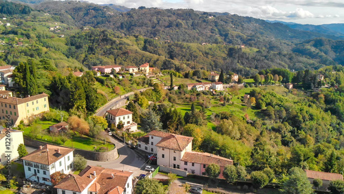 Stunning aerial panorama of Barga, Garfagnana, with clear skies and scenic landscapes photo