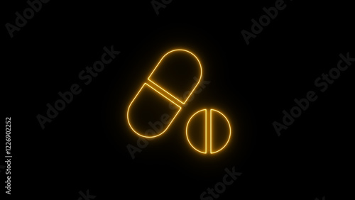 Neon tablet and pill icon on black background.